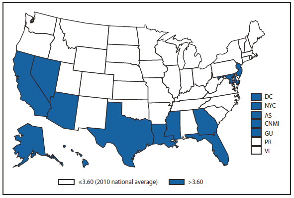 TUBERCULOSIS - This figure is a map of the United States and U.S. territories that presents the incidence range per 100,000 population of tuberculosis cases in each state and territory in 2010.